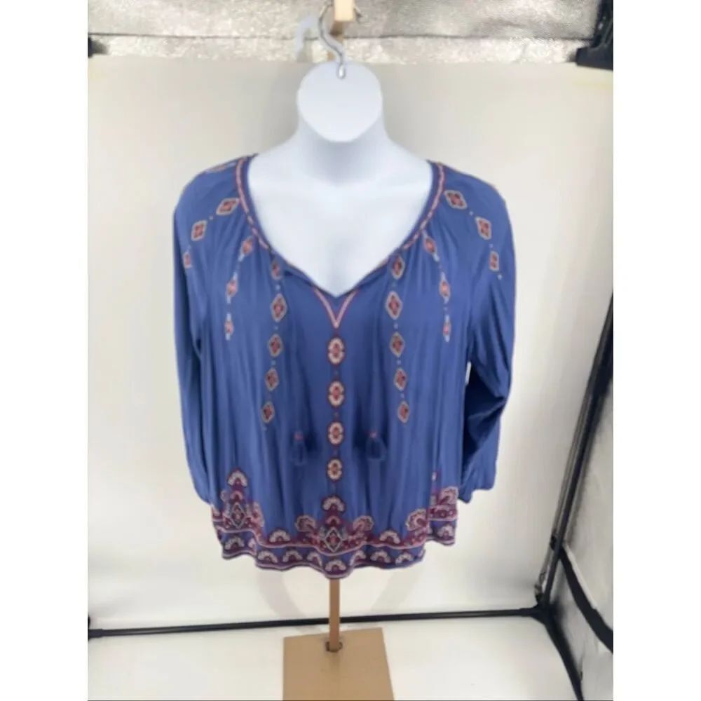 J. Jill Embroidered Tassel Tie Peasant Top Boho Long Sleeve Blue XL